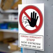 Verbotsschild &#171;Corona Verdacht? Stopp&#187;